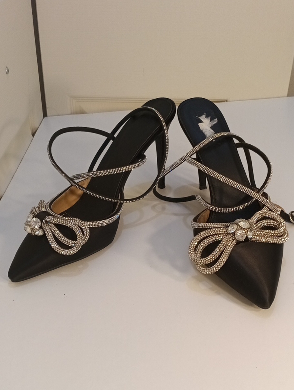 Women’s Black Satin Pointed Toe Heels with Crystal Bow